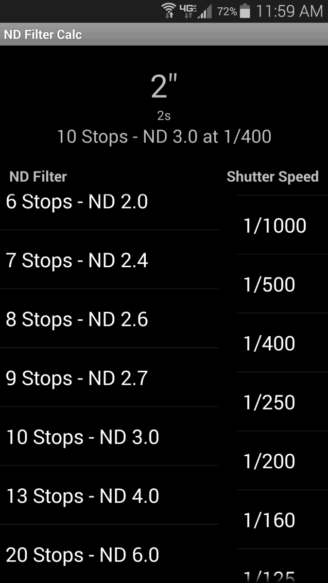 ND Filter Calc App showing the result of a 10 Stop filter at a metered 1/400th Exposure.